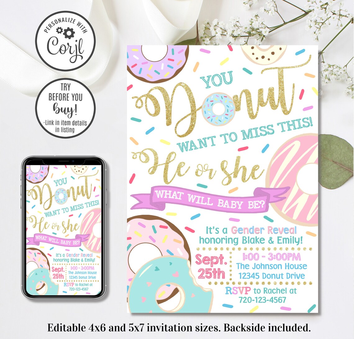 Editable Donut Gender Reveal Invitation Gender Reveal Etsy