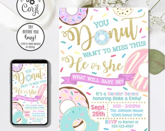 Donut Gender Reveal Invitation, Editable Reveal Invite (Instant Download)