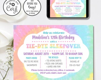 May include: A tie-dye themed invitation for a 12th birthday sleepover party. The invitation features a cloud shape with the text "Help us celebrate Madeline's 12th Birthday with a Tie-Dye Sleepover". The invitation includes the date and time of the party, the address, and the RSVP information.