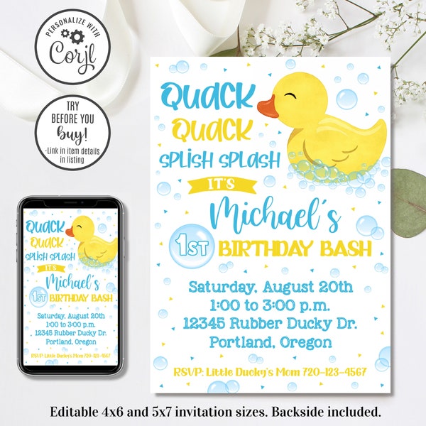 Editable Rubber Duckie Birthday Invitation, Duck Invitation, Duckie Invitation, 4x6 & 5x7