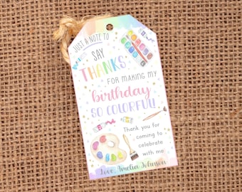 Bewerkbare schilderij tag, laten we schilderen en vieren tag, art gunsttags, art party tag, pastel regenboog aquarel gunsttag, sjabloon