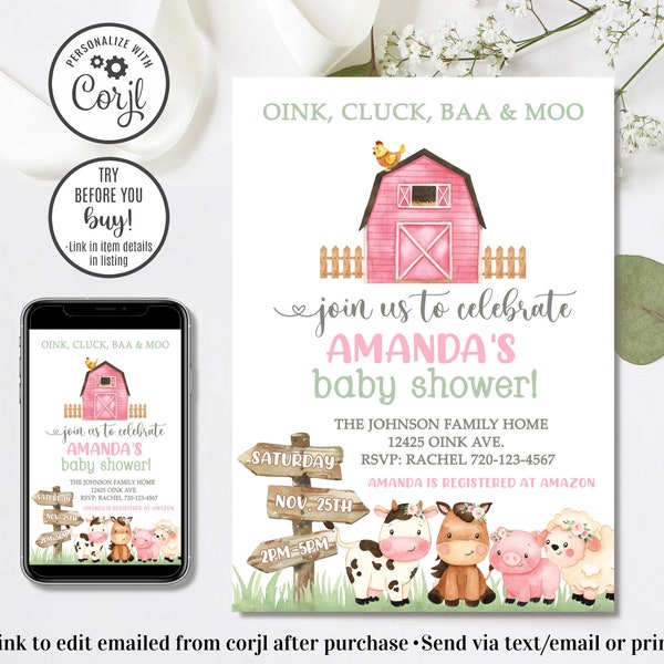 Editable Girl Farm Baby Shower, Girl Barnyard Baby Shower Invitation, Barn Animals Baby Shower, Ranch Shower, Oink Cluck Baa Moo, 4x6 & 5x7