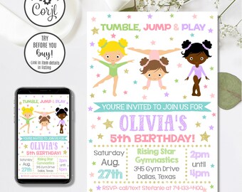 May include: A birthday invitation card featuring three cartoon gymnasts, gold glitter stars, and colorful text reading Tumble, Jump & Play, You're Invited To Join Us For Olivia's 5th Birthday, Saturday Aug 27th, Rising Star Gymnastics, 2pm until 4pm.