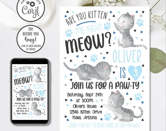 Editable Boy Kitten Birthday Invitation, Kitten Invitation, Are You Kitten Me, Cat Invitation, 4x6 & 5x7