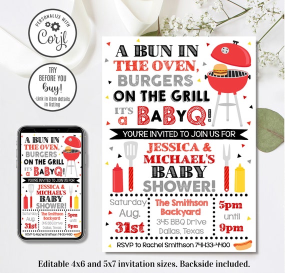 Editable BBQ Baby Shower Invitation, BaByQ Invitation, Baby Shower Invitation, 4x6 & 5x7