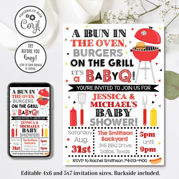 Editable BBQ Baby Shower Invitation, BaByQ Invitation, Baby Shower Invitation, 4x6 & 5x7