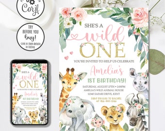 Editable Safari Birthday Invitation, Girl Wild One Invitation, Jungle Animals Invitation, 1st Birthday Invitation, 4x6 & 5x7