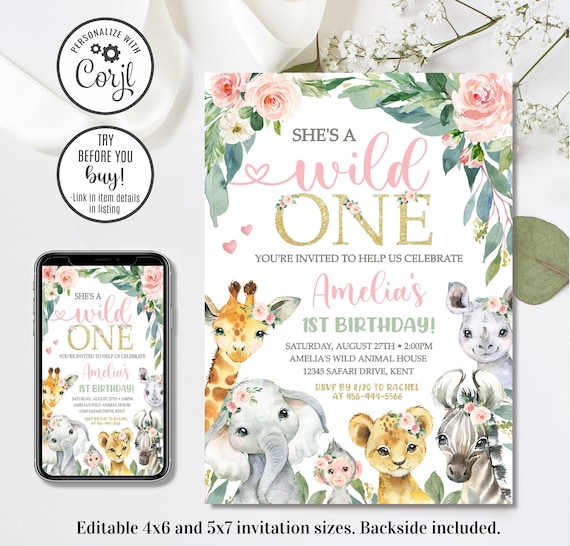 Editable Safari Birthday Invitation, Girl Wild One Invitation, Jungle Animals Invitation, 1st Birthday Invitation, 4x6 & 5x7