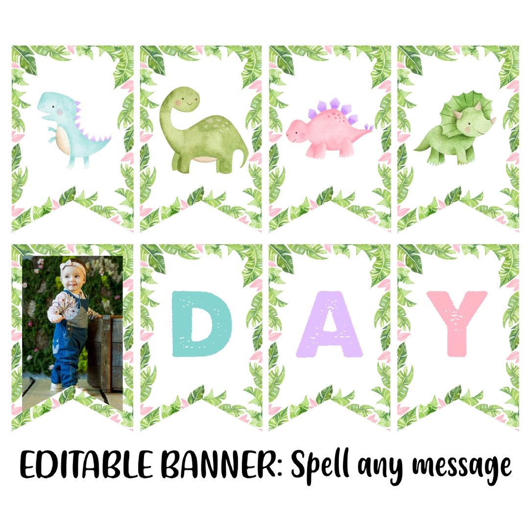 Editable Girl Dinosaur Banner, Dino Birthday Banner, Girl Dinosaur ...