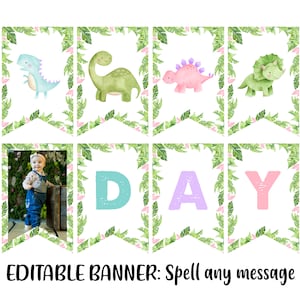Editable Girl Dinosaur Banner, Dino Birthday Banner, Girl Dinosaur Decor, Template