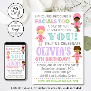 Editable Spa Invitation, Spa Birthday Invitation, Spa Party, Manicures Pedicures, 4x6 & 5x7
