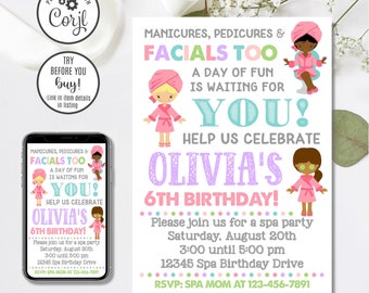 May include: A pink and blue spa party invitation for a 6th birthday. The invitation features a cartoon girl in a pink robe and a spa headband. The text reads "Manicures, Pedicures & Facials Too! A Day of Fun is Waiting for You! Help Us Celebrate Olivia's 6th Birthday!"  Please join us for a spa party Saturday, August 20th 3:00 until 5:00 pm 12345 Spa Birthday Drive RSVP: SPA MOM AT 123-456-7891