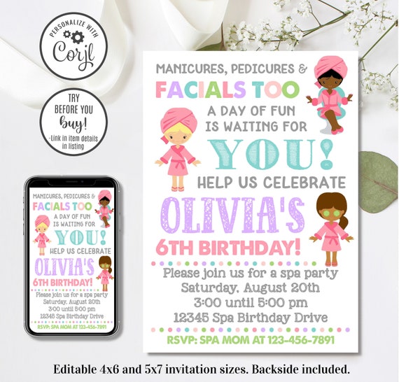 Editable Spa Invitation, Spa Birthday Invitation, Spa Party, Manicures Pedicures, 4x6 & 5x7