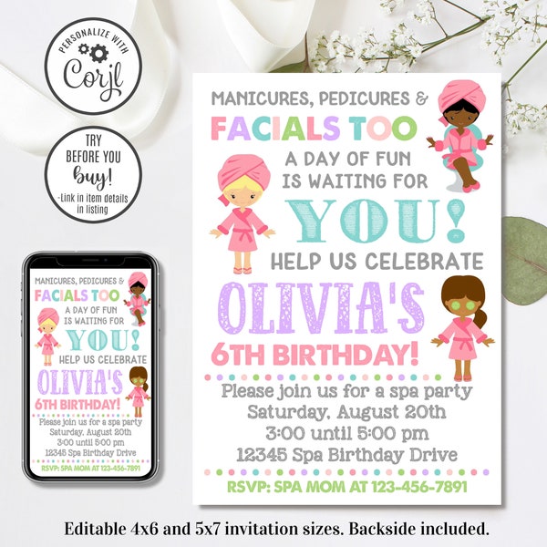 Editable Spa Invitation, Spa Birthday Invitation, Spa Party, Manicures Pedicures, 4x6 & 5x7