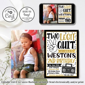 Editable Two Legit To Quit, Two Legit Birthday Invitation, Boy 2nd Birthday, 4x6 & 5x7