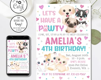 Puppy Kitten Birthday Invitation Template, Editable Dog Cat Pawty