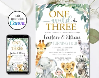 Wild One and Three Safari Invitation Template, Editable 1st and 3rd Birthday Invite