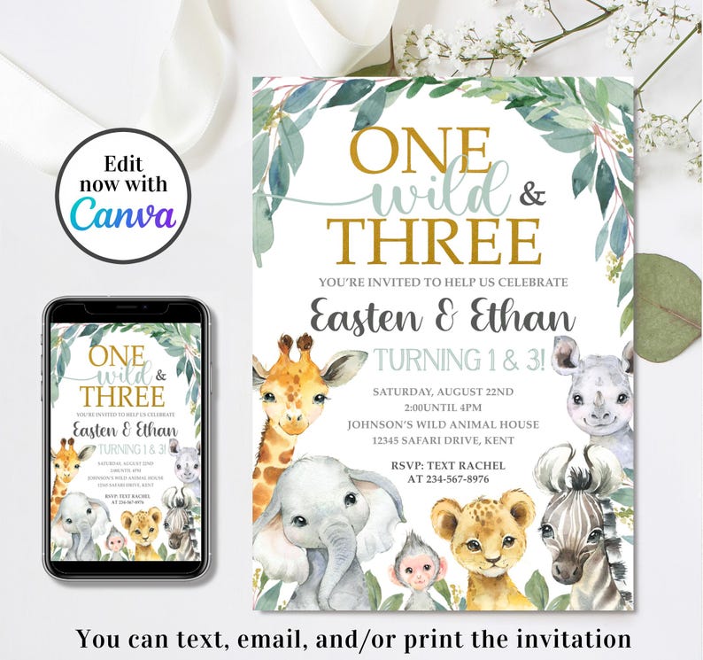 Peut inclure: Une invitation d'anniversaire avec le texte "ONE wild & THREE" et les noms "Easten & Ethan". La conception comprend des illustrations &agrave; l'aquarelle d'animaux de safari, dont une girafe, un &eacute;l&eacute;phant et un lion. L'invitation est pour une f&ecirc;te.