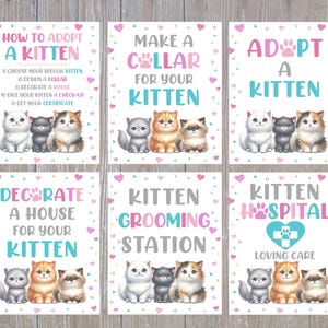 May include: Six illustrated signs with kitten-themed text and images. The signs include phrases like "How to Adopt a Kitten," "Make a Collar for Your Kitten," and "Kitten Hospital." Each sign features a different combination of three cartoon kittens.