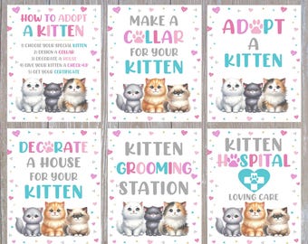 Editable Kitten Party Signs, Kitten Birthday Signs, Kitten Pawty Birthday Poster, Adopt A Kitten, Six 8x10 Signs