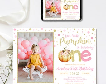 May include: A rectangular birthday invitation card featuring a photo of a child in a yellow outfit sitting on a white stool against pink balloons. The text reads Our little Pumpkin is turning one, Amelia's First Birthday, 10-8-22, and event details.