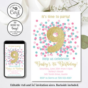 Invitation modifiable du 9e anniversaire, 9e invitation, neuvième anniversaire, 4x6 et 5x7