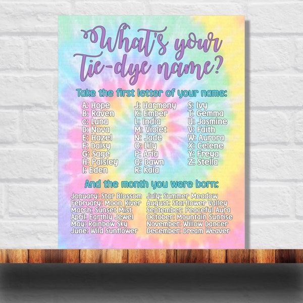 What's Your Tie Dye Name Printable, Tie Dye Name Game Instant Download