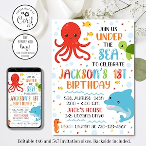 Editable Under the Sea Invitation, Under the Sea Birthday Invitation, One-der the Sea, 4x6 & 5x7
