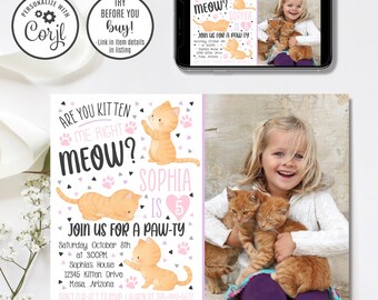 Faire-part d'anniversaire modifiable chaton, invitation chaton, Are You Kitten Me Right Meow, rose et violet, 4 x 6 et 5 x 7