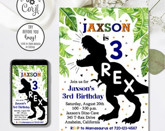 May include: A dinosaur-themed birthday invitation featuring the text "Jaxson is 3 Rex". The design includes a black Tyrannosaurus Rex silhouette, green foliage, and event details. The invitation is available in 4x6 and 5x7 sizes.