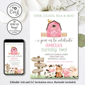 Editable Girl Farm Invitation, Girl Farmer Birthday Invitation, Oink Cluck Baa Moo, 4x6 & 5x7