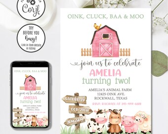 Editable Girl Farm Invitation, Girl Farmer Birthday Invitation, Oink Cluck Baa Moo, 4x6 & 5x7