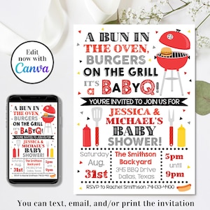 May include: A baby shower invitation with a red and white barbecue theme. The invitation includes the text "A Bun in the Oven, Burgers on the Grill, It's a BabyQ!" and details for Jessica & Michael's baby shower.