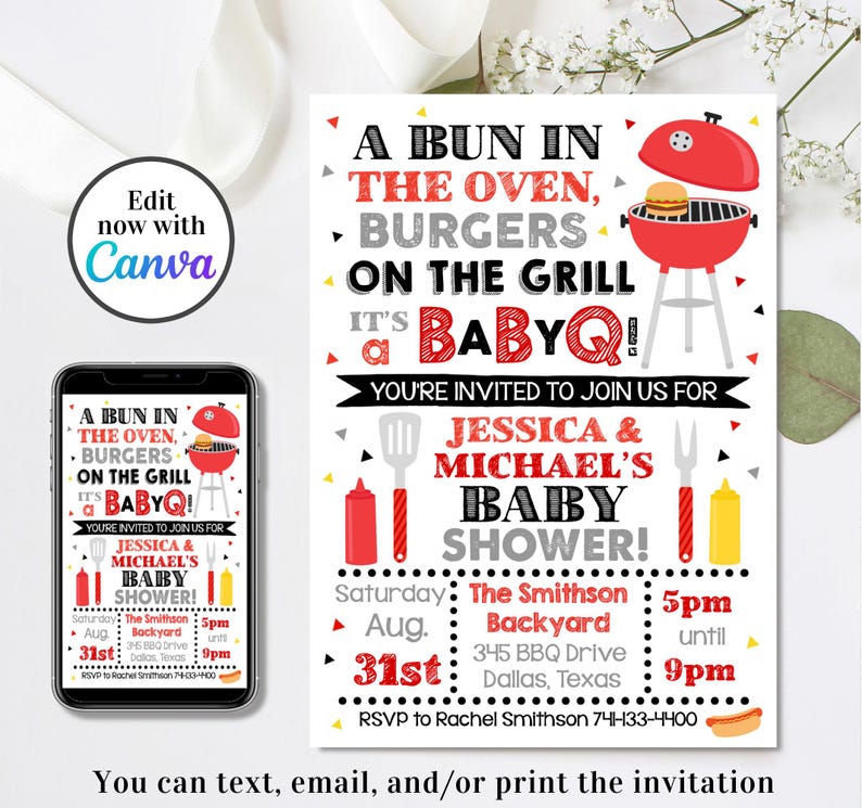 May include: A baby shower invitation with a red and white barbecue theme. The invitation includes the text "A Bun in the Oven, Burgers on the Grill, It's a BabyQ!" and details for Jessica & Michael's baby shower.
