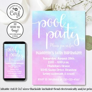 Editable Pool Party Invitation, Pool Party Birthday Invitation, Pool Party, 4x6 & 5x7