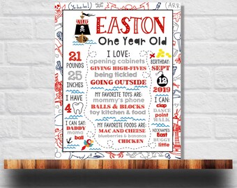 May include: A white and red pirate-themed first birthday chart for Easton. It includes his age, weight, height, favorite activities, foods, and toys. The chart is decorated with a pirate ship, a skull and crossbones, and other nautical elements.