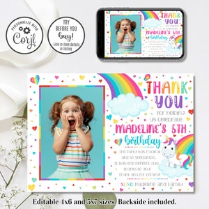 Cartão de agradecimento editável de unicórnio arco-íris, agradecimento de aniversário de arco-íris, agradecimento de aniversário de unicórnio, 4x6 e 5x7