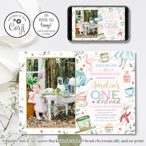 Editable Onederland Birthday Invitation, Alice in Wonderland Invitation, 1st Birthday Invitation, Onederland Invitation, 4x6 & 5x7