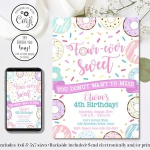 Editable Donut Invitation, Four-Ever Sweet Invitation, Donut 4th Birthday, 4th Birthday Invitation, 4x6 & 5x7