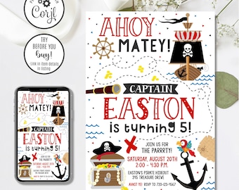 Editable Pirate Birthday invitation, Pirate Invitation, Pirate Party, Ahoy Mateys, 4x6 & 5x7