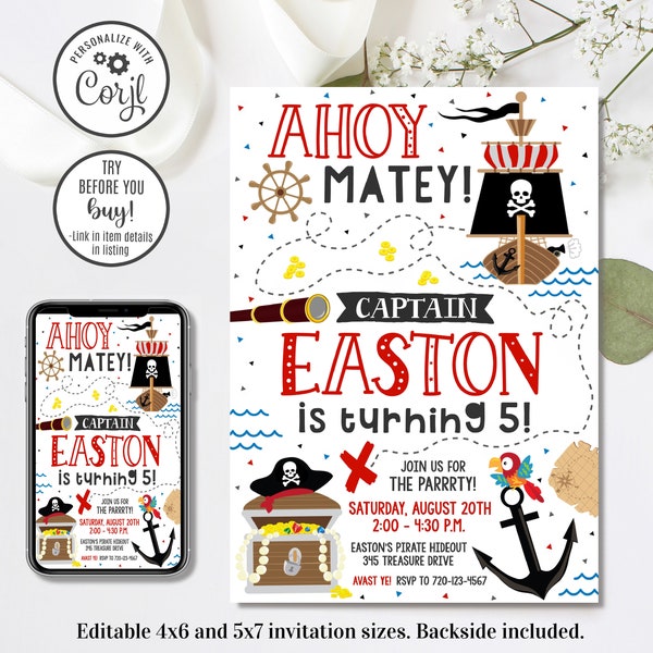 Editable Pirate Birthday invitation, Pirate Invitation, Pirate Party, Ahoy Mateys, 4x6 & 5x7