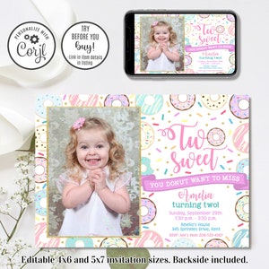 Editable Donut Invitation, Two Sweet Invitation, 2nd Birthday Invitation, 4x6 & 5x7