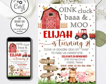 May include: A red and white barn with a rooster on top, a tractor, and farm animals. The text reads "OINK cluck baaa & MOO ELIJAH is turning 21 Cock-a-doodle-doo on over to help us celebrate ELIJAH'S BARNYARD 345 Horse Drive Dallas, Texas RSVP: AMIE AT 123-456-7896 SATURDAY OCT. 29TH 2PM-5PM".