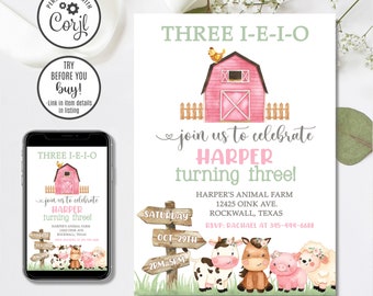 Editable Girl 3rd Birthday Farm Invitation, Three I-E-I-O, Farmer Birthday Invitation, 3rd Birthday Invitation, Oink Cluck Baa Moo, 4x6  5x7