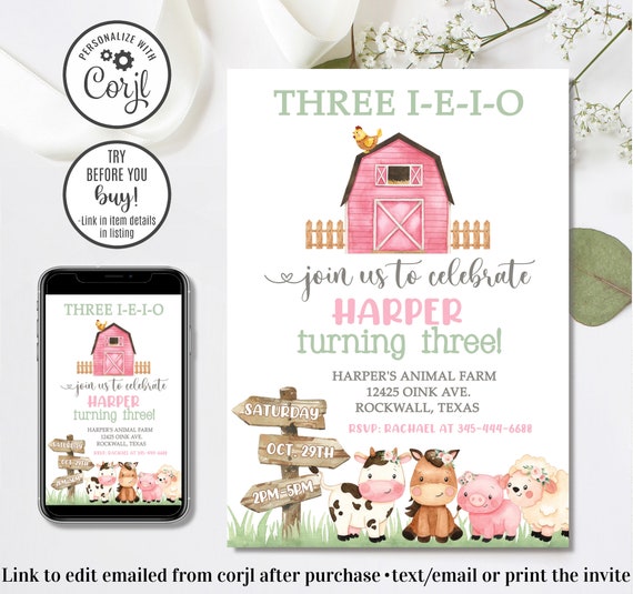 Editable Girl 3rd Birthday Farm Invitation, Three I-E-I-O, Farmer Birthday Invitation, 3rd Birthday Invitation, Oink Cluck Baa Moo, 4x6  5x7