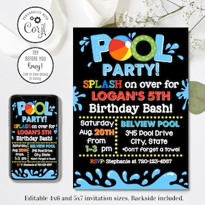Editable Pool Party, Pool Party Birthday, 4x6 & 5x7