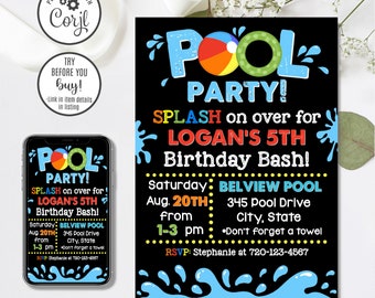 Editable Pool Party, Pool Party Birthday, 4x6 & 5x7