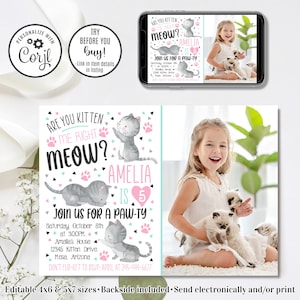 Editable Kitten Birthday Invitation, Kitten Invitation, Are You Kitten Me Right Meow, 4x6 & 5x7