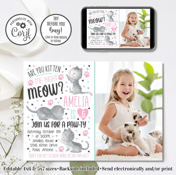 Editable Kitten Birthday Invitation Kitten Invitation Are - Etsy