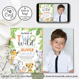 Editable Safari Birthday Invitation, Boy Two Wild Invitation, Jungle Animals Invitation, 4x6 & 5x7